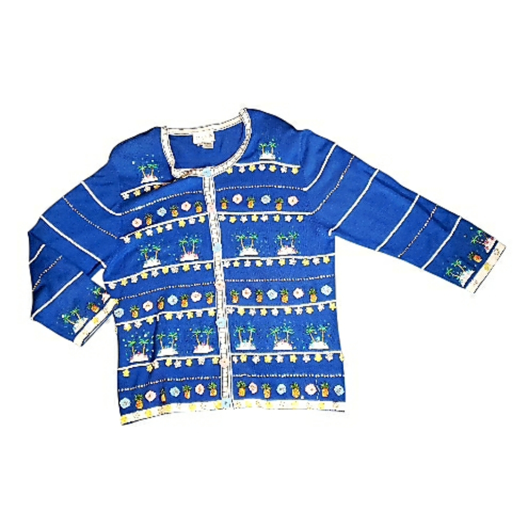 Just B Artsy Island L Cardigan Tropical Beads Embroidered Applique Blue Maximal